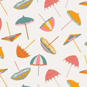 Tossed Beach Umbrellas in different shapes and colours – colourful parasols on an off white background in a medium scale