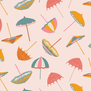 Tossed Beach Umbrellas in different shapes and colours – colourful parasols on a light pink background in a medium scale