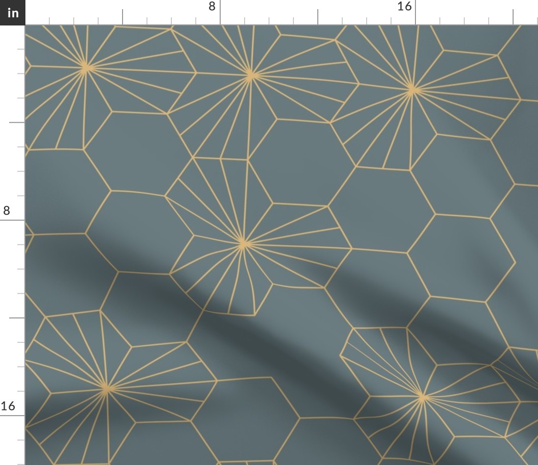  (L) Geometric flowers in a honeycomb -  slate gray and honey