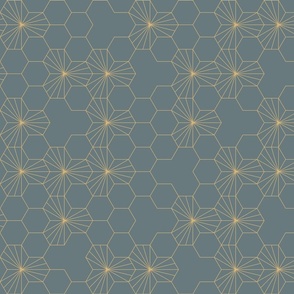  (M) Geometric flowers in a honeycomb -  slate gray and honey