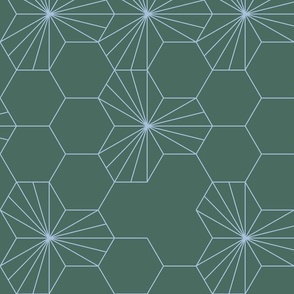 (L) Geometric flowers in a honeycomb -  pine green and soft blue