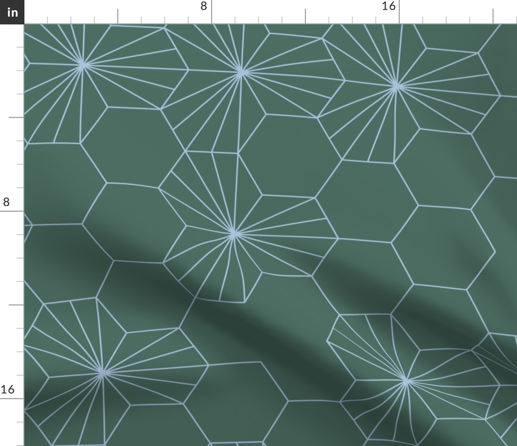 (L) Geometric flowers in a honeycomb -  pine green and soft blue
