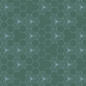 (M) Geometric flowers in a honeycomb -  pine green and soft blue