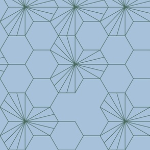 (L) Geometric flowers in a honeycomb - sky blue and pine green