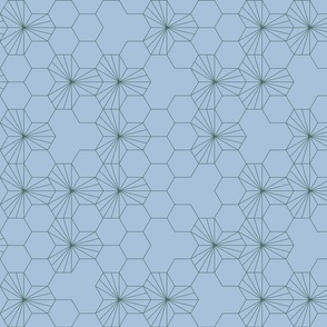 (M) Geometric flowers in a honeycomb - sky blue and pine green