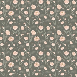 small scale Dark Olive green with blush pink peony calla lily rose for kids apparel, quilts and decor