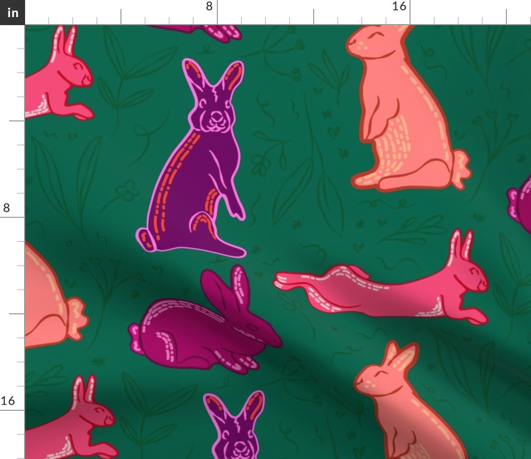 Pink Bunnies in a Green Garden - Whimsical Spring - MD