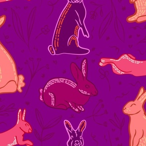 Pink Bunnies in a Violet Garden - Whimsical Spring - MD