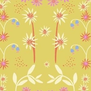 Sweet Cottage Garden - Pink And Orange On Chartreuse.