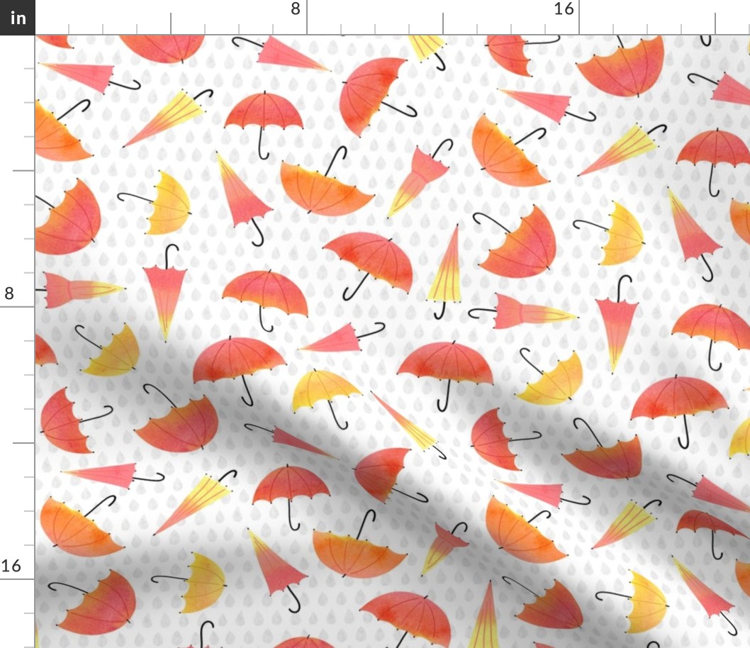 Red umbrellas and raindrops on white watercolor nursery pattern