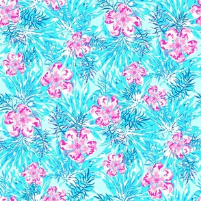 Neon Tropical Hibiscus in Cyan Blue Pink by Jac Slade