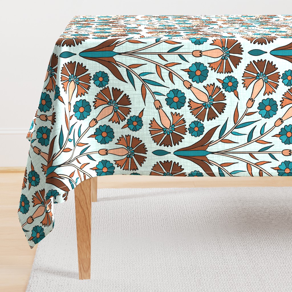 Art Deco Carnations, Turkish Iznik Style, Teal and  Brown, Textured linen, 24" 
