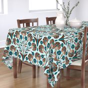 Art Deco Carnations, Turkish Iznik Style, Teal and  Brown, Textured linen, 24" 