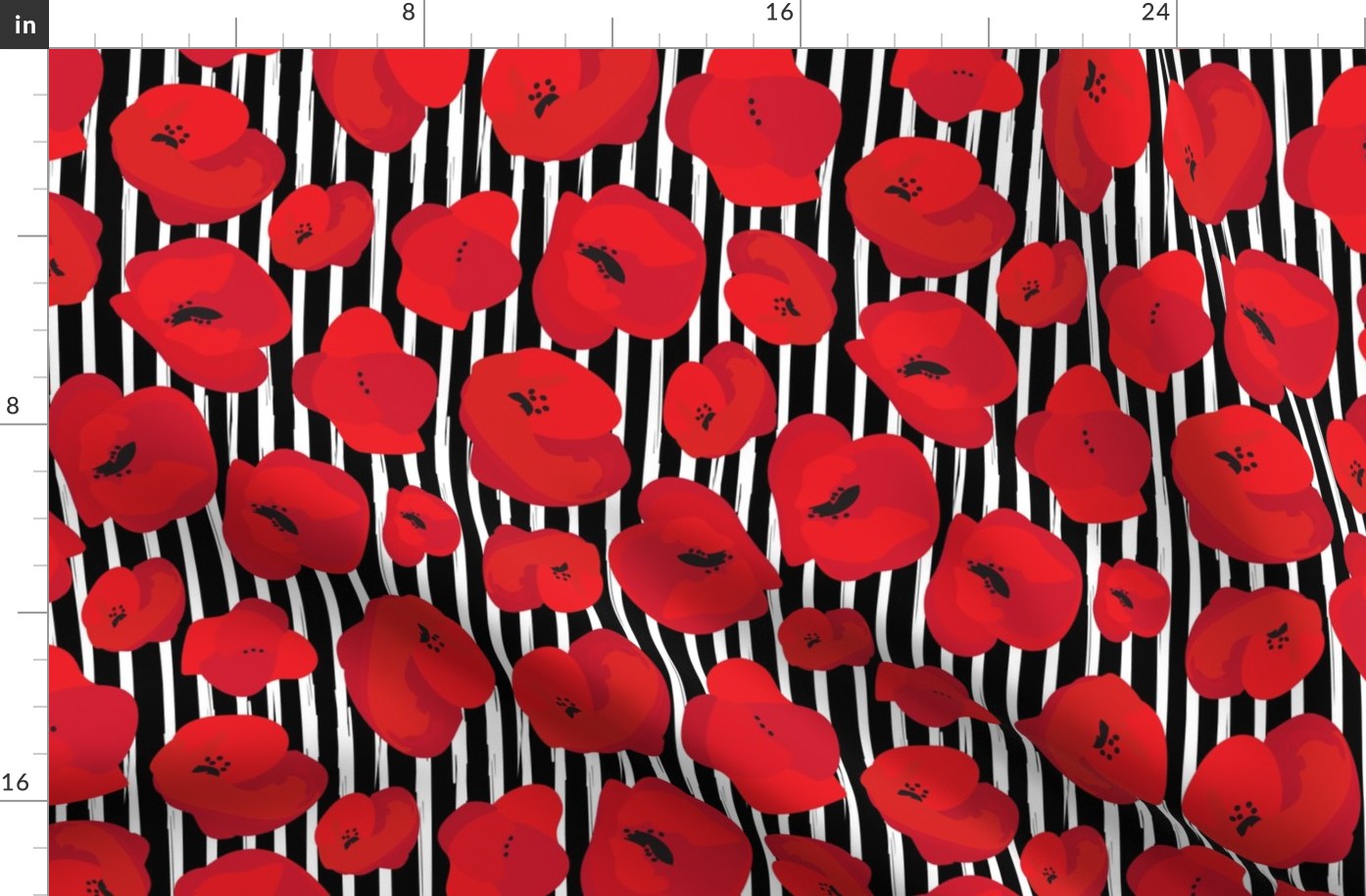 *Metallic* Falling Poppies on Black and White Vertical Stripes - Large Scale - Optimized for Metallic Wallpaper