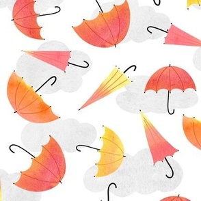 Red umbrellas and  clouds on white watercolor nursery pattern
