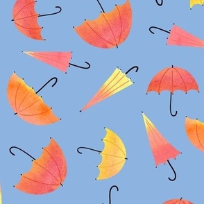 Red and yellow umbrellas  on blue sky watercolor nursery pattern