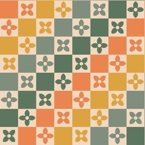 Scandinavian Checkered Florals - Earthy Sage green, yellow and coral