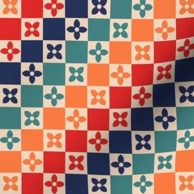 Scandinavian Checkered Florals - Retro Red, coral, teal and navy blue