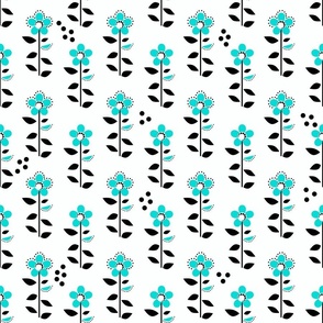 turquoise flowers and black leaves on a white background retro pattern sixties 