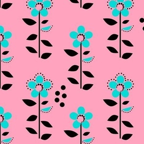 blue flowers on pink retro background
