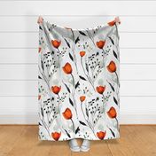 Romantic modern Orange  watercolor poppies on white background XL