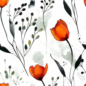 Romantic modern Orange  watercolor poppies on white background XL
