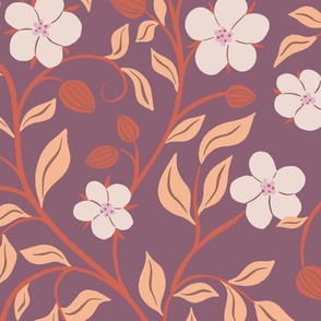 [JUMBO] Scarlet Pimpernel Spring English Florals and Buds - Peach Fuzz on Plum #P250061a2