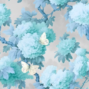 Romantic Spring Teal floral with cream butterflies XL - grey white blue turquo