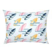 retro surfboards - pink, yellow and blue - textured water background