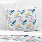 retro surfboards - pink, yellow and blue - textured water background