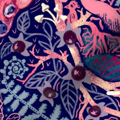 forest biome maximalist trellis in cool pink magenta, petrol blue, lilac purple on midnight blue | moody magical holy woodland at night wild garlic moss ferns deadly nightshade deer owl squirrel fox woodpecker glowworms dragonfly | jumbo