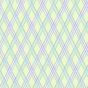 Yellow-green textured rhombic pattern with pink, lilac stripes.