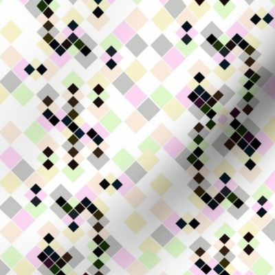 Abstract chaotic pixel pattern. Small black, multicolored squares on a white background.