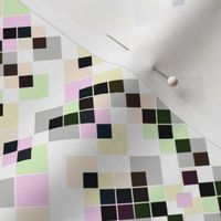 Abstract chaotic pixel pattern. Small black, multicolored squares on a white background.