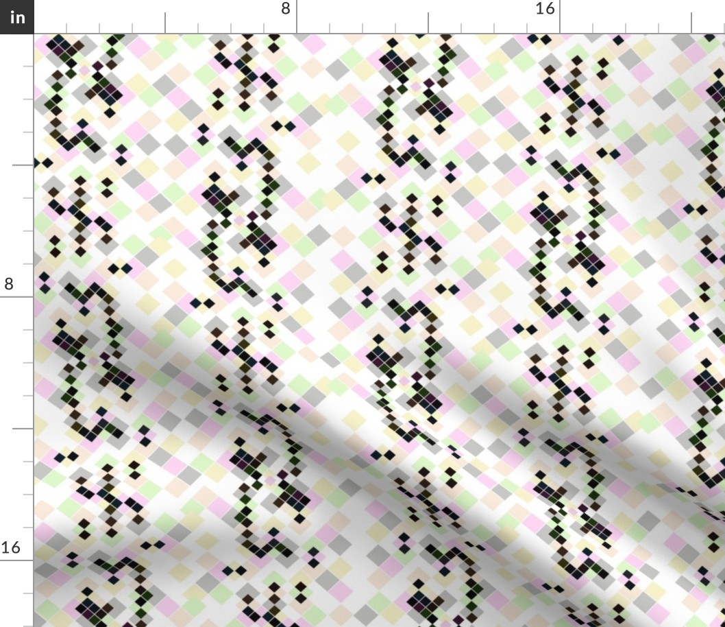 Abstract chaotic pixel pattern. Small black, multicolored squares on a white background.