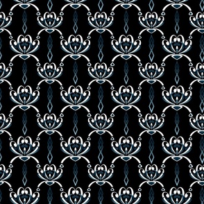 Elegant  Art Deco pattern. White, blue ornament on a black background.