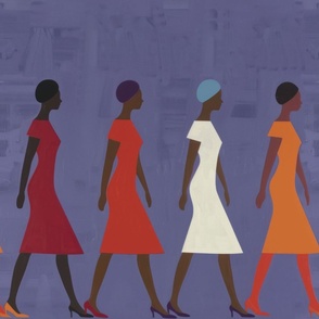 1970s illustration play with navy and purple  and orange walking ladies with confidence and forward movement_158