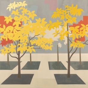 1970s inspired retro print of trees and leaves and patten with pretty yellow and grey color story_244