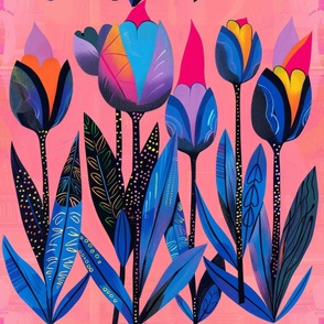 hand made riosgraph inspired illustration of  spring tulips with pink and blue and yellow blooms and leaves _176