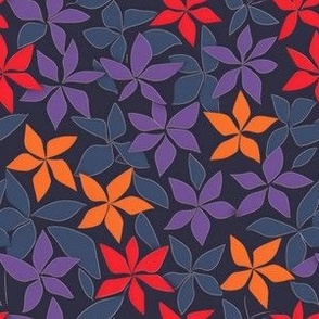 1970s illustration play with navy and purple  and orange flowers and leaves and blooms in ditsy pattern_150