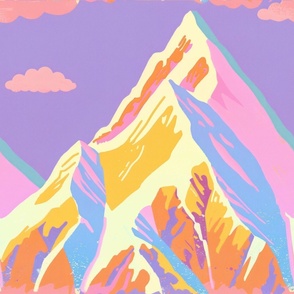 hand made riosgraph inspired mountain print landscape with light pink bacground and pastel colors_231