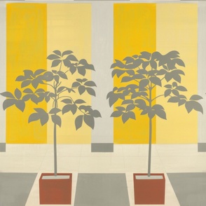 1970s inspired retro print of trees and leaves and patten with pretty yellow and grey color story_246