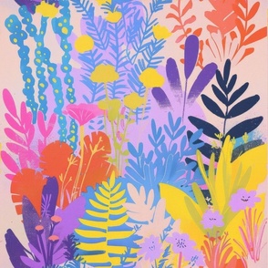hand made risograph inspired printing of gardens and landscape with abstract plants and flowers and trees on a lavender background with pastel colors and pops of orange and yellow color_197