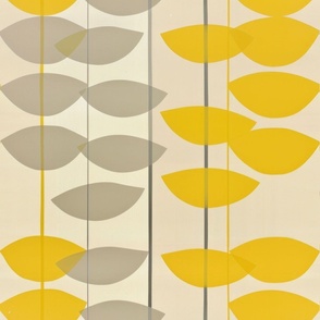 1970s inspired retro print of trees and leaves and patten with pretty yellow and grey color story_300