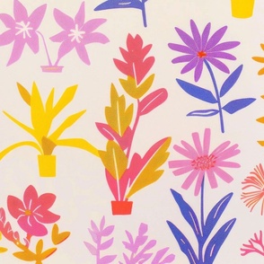 hand made risograph inspired printing of gardens and landscape with abstract plants and flowers and trees on a lavender background with pastel colors and pops of orange and yellow color_205