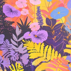 hand made risograph inspired printing of gardens and landscape with abstract plants and flowers and trees on a lavender background with pastel colors and pops of orange and yellow color_223