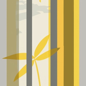 1970s inspired retro print of vertical stripes and leaves and patten with pretty yellow and grey color story_234