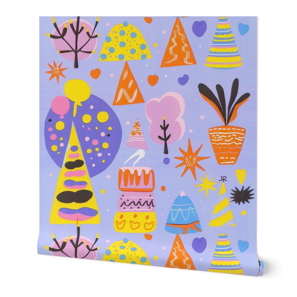 hand made risograph inspired printing of interesting party and tree shapes on a lavender background with pastel colors and pops of orange and yellow color_191