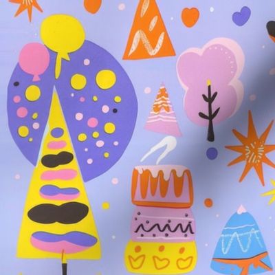 hand made risograph inspired printing of interesting party and tree shapes on a lavender background with pastel colors and pops of orange and yellow color_191