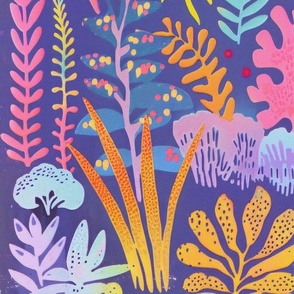 hand made risograph inspired printing of gardens and landscape with abstract plants and flowers and trees on a lavender background with pastel colors and pops of orange and yellow color_218_LARGE SCALE